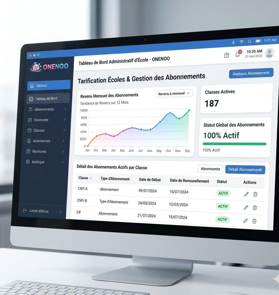 Tableau de bord administratif ONENOO - gestion des écoles, abonnements et classes sur desktop