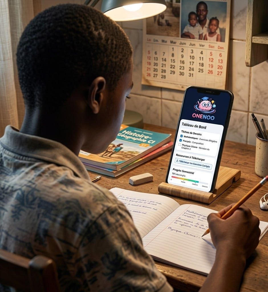 Élève ivoirien consultant ses devoirs et notes sur l'application ONENOO depuis son téléphone