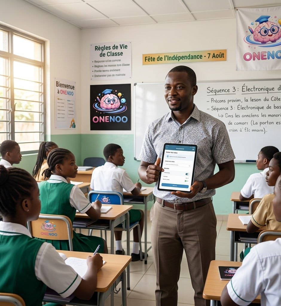 Professeur utilisant ONENOO pour saisir les notes et publier des devoirs dans sa classe en Côte d'Ivoire