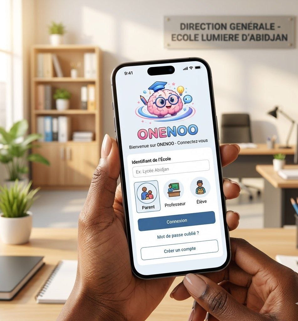 Application ONENOO de suivi scolaire sur smartphone - écran de connexion avec sélection du rôle parent, professeur ou élève